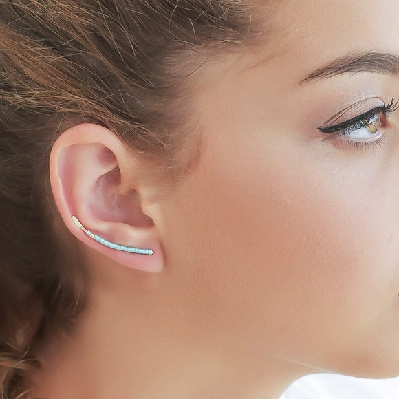 Long Turquoise Ear Crawlers Climber Earrings 925 Sterling Silver Gold or Rose - Picture 2 of 9